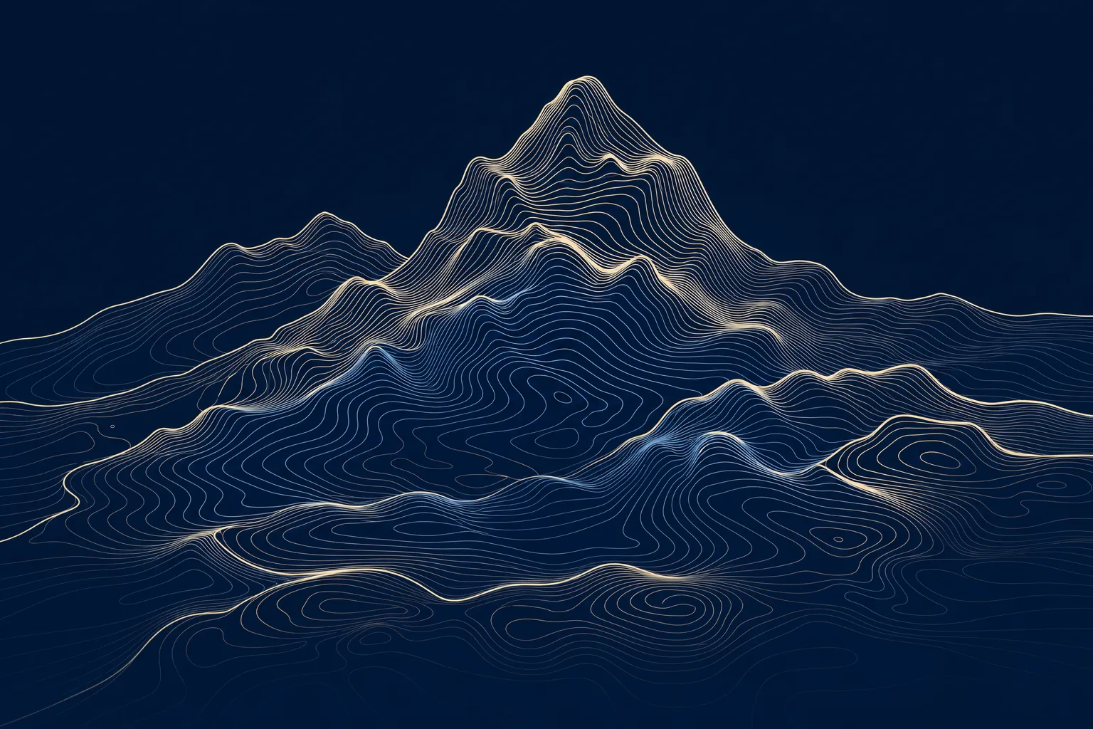 A ridgeline drawn entirely in contour lines, rising pale gold out of deep blue.